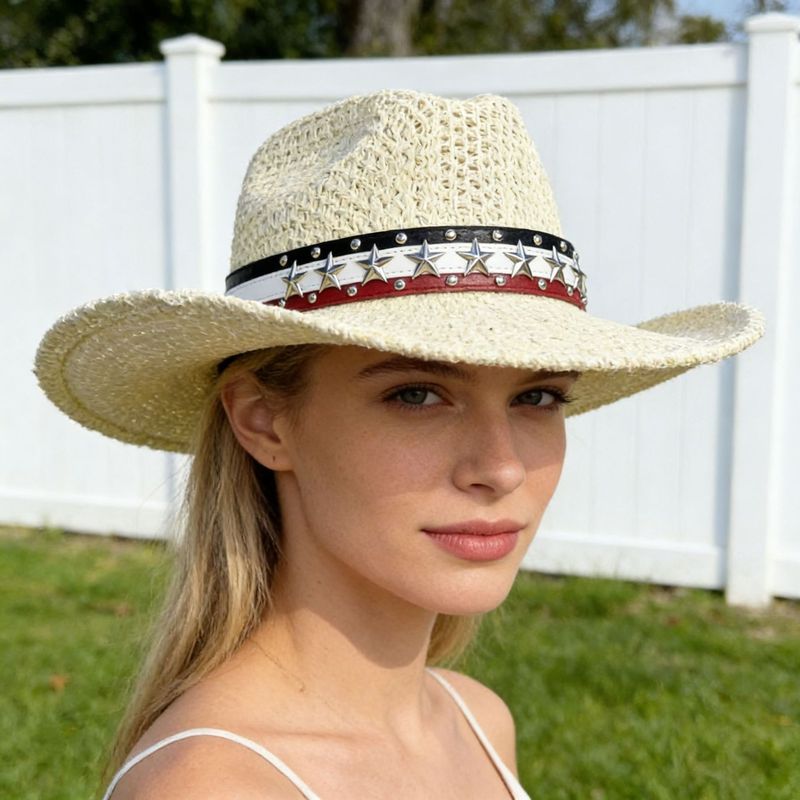 Cowboy Hat Straw - Topi pantai pelindung matahari, berbahan anyaman